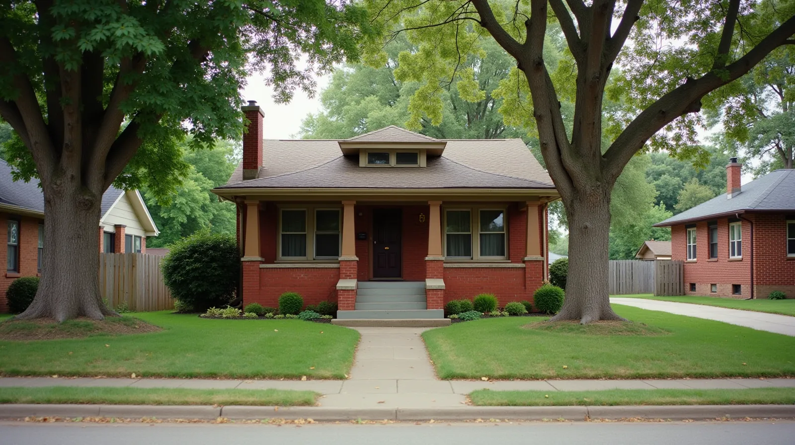 A 1940s red brick bungalow with a covered front porch on a quiet tree-lined street in Kansas City Missouri