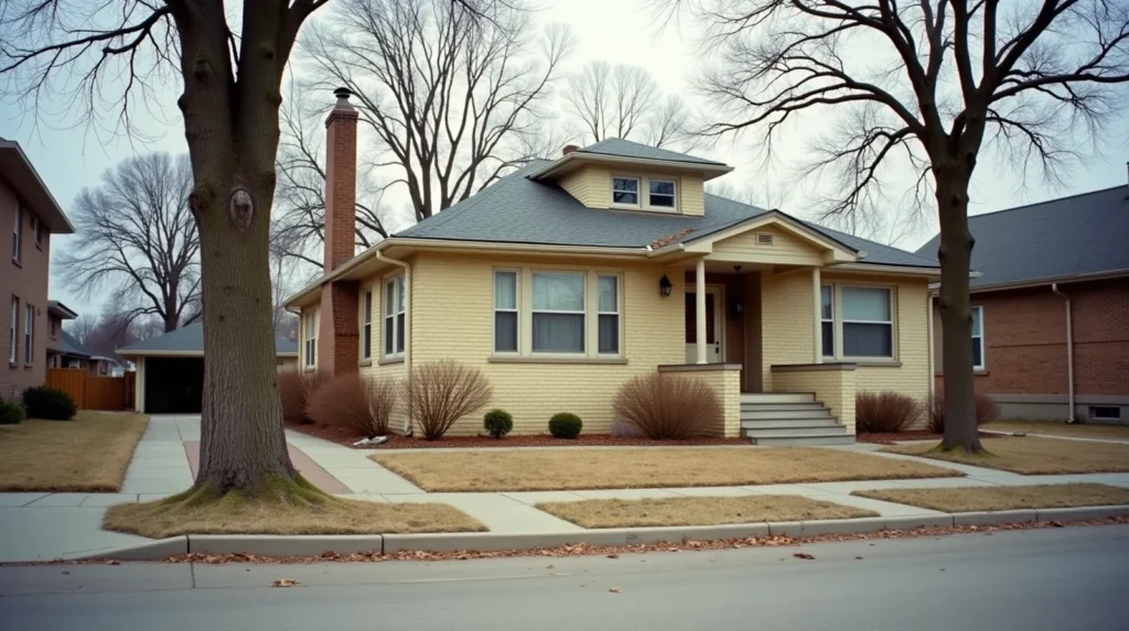 Cream City brick bungalow on a quiet Milwaukee residential street under an overcast Wisconsin winter sky