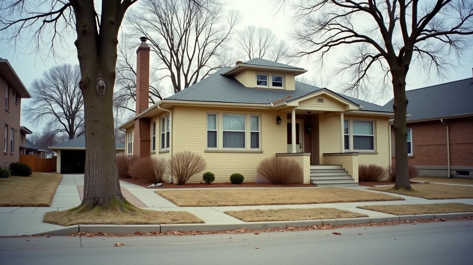 Cream City brick bungalow on a quiet Milwaukee residential street under an overcast Wisconsin winter sky