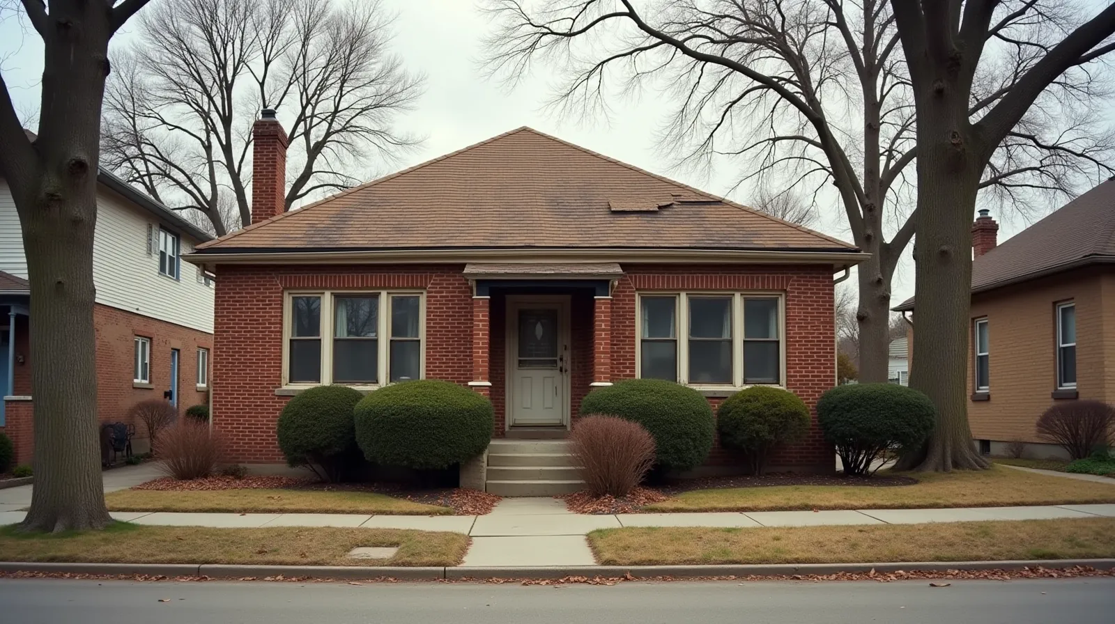 An aging Milwaukee brick bungalow with peeling window trim and overgrown shrubs on a quiet residential street under an overcast Midwest sky
