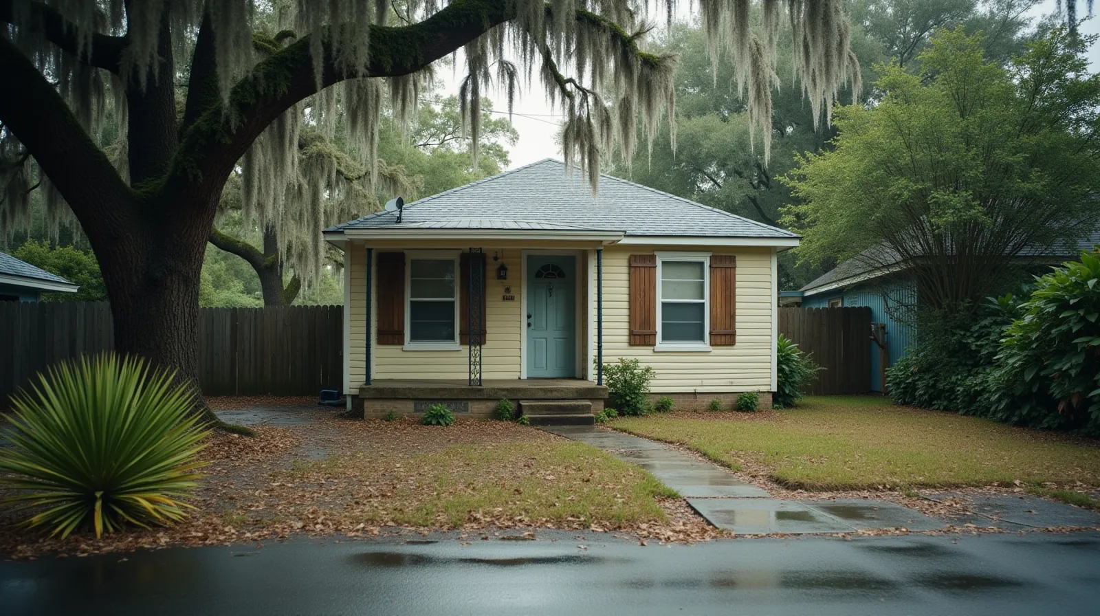 Single-story house on a quiet Pensacola neighborhood street with live oaks and Spanish moss, damp concrete driveway after summer rain