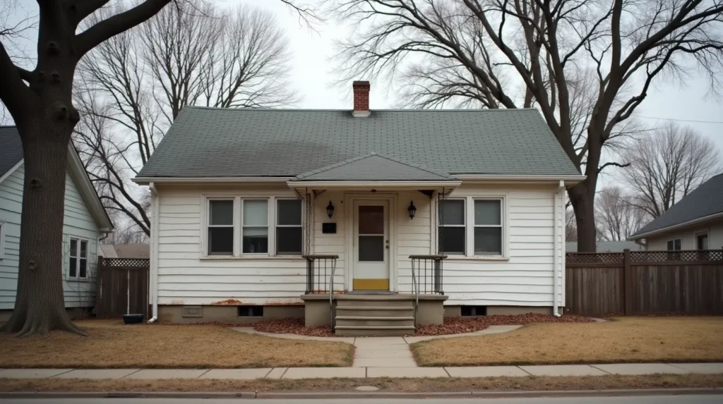 1940s wood-sided bungalow on a quiet Racine Wisconsin residential street, bare trees, overcast sky