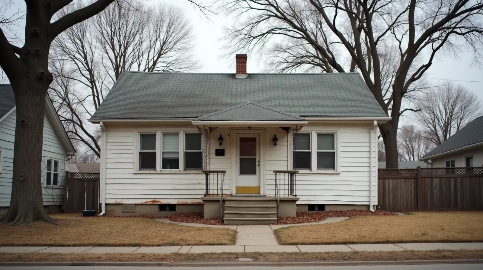 1940s wood-sided bungalow on a quiet Racine Wisconsin residential street, bare trees, overcast sky