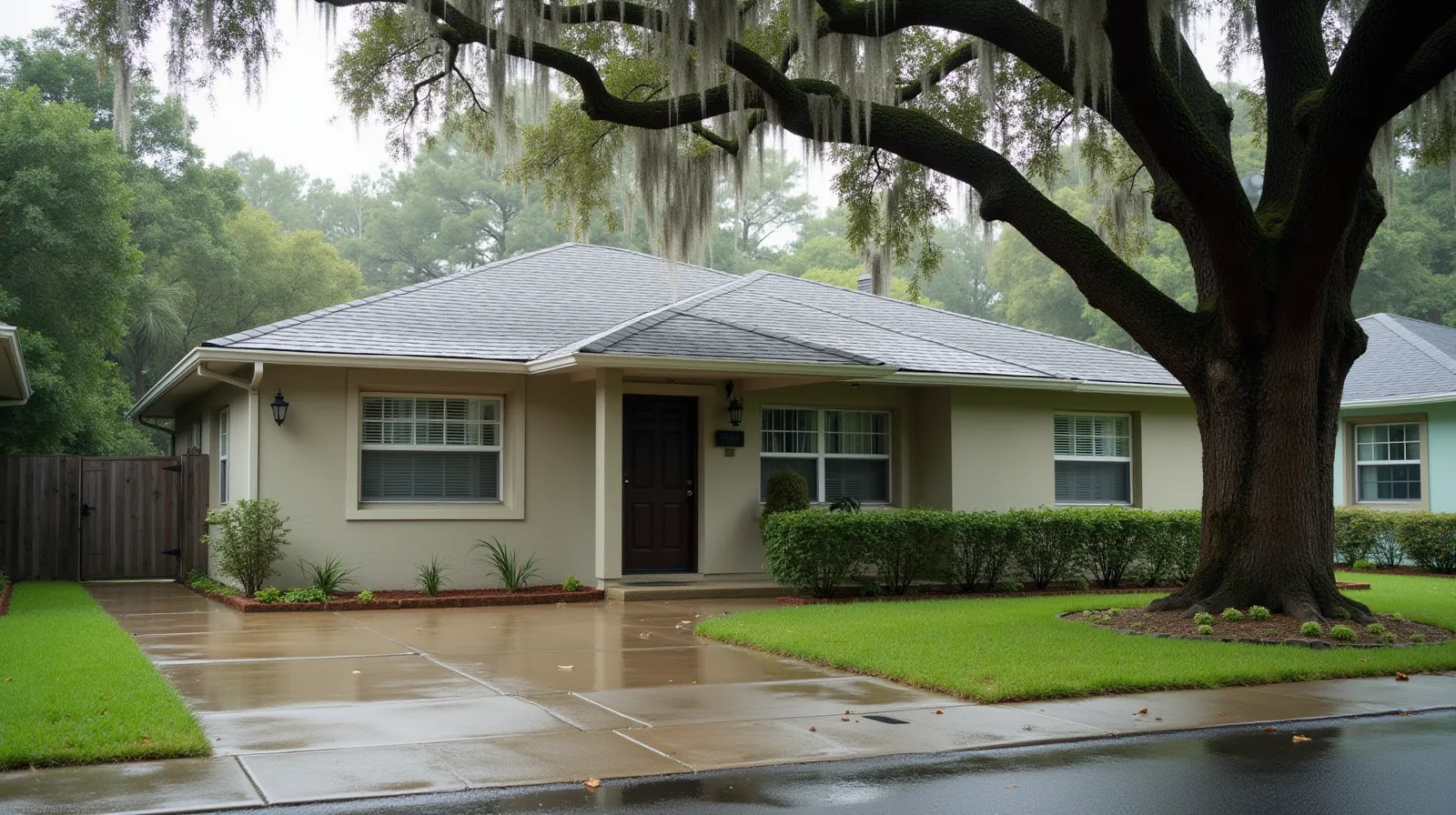 1950s concrete block bungalow on a shaded street in St. Petersburg, Florida, with royal palm and live oak in the front yard, overcast Gulf Coast light