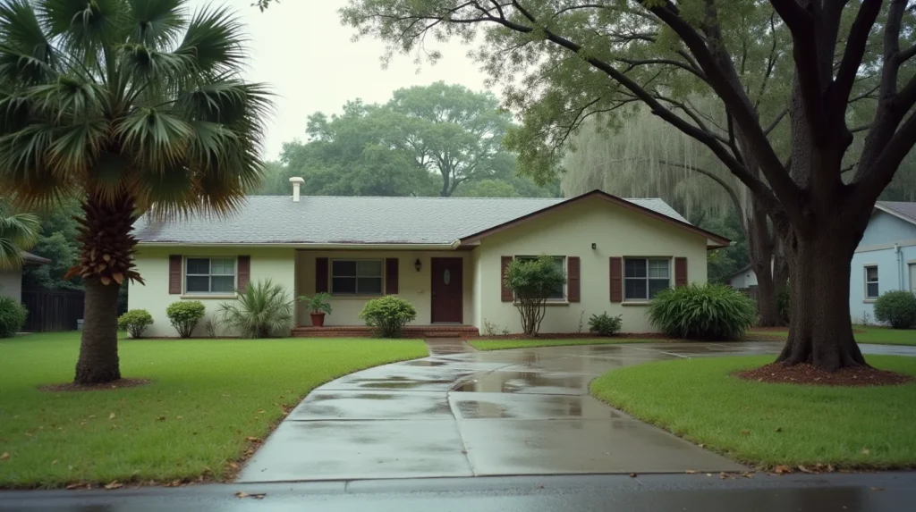 A single-story stucco house on a Tampa, Florida street with palm trees and live oaks after rain, the kind of home we buy for cash as-is
