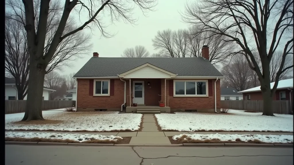 1940s brick Cape Cod house in Waukesha Wisconsin, cracked driveway and foundation water staining, bare winter trees
