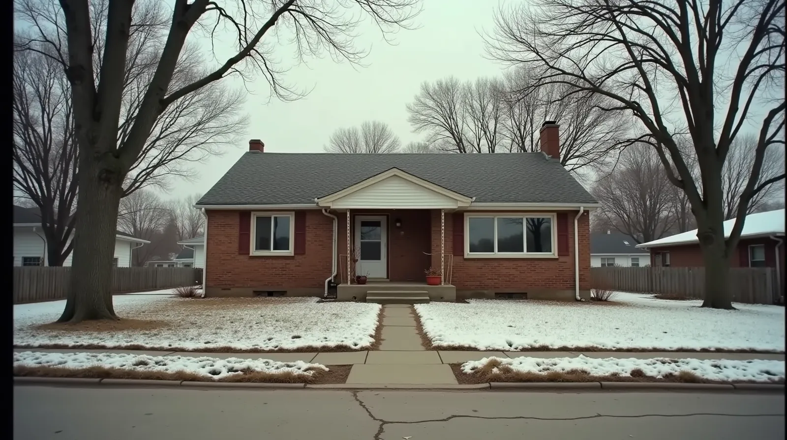 1940s brick Cape Cod house in Waukesha Wisconsin, cracked driveway and foundation water staining, bare winter trees