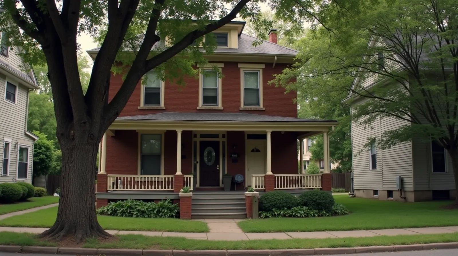 A two-story brick rental house on a tree-lined residential street with mature oak trees and worn porch railings