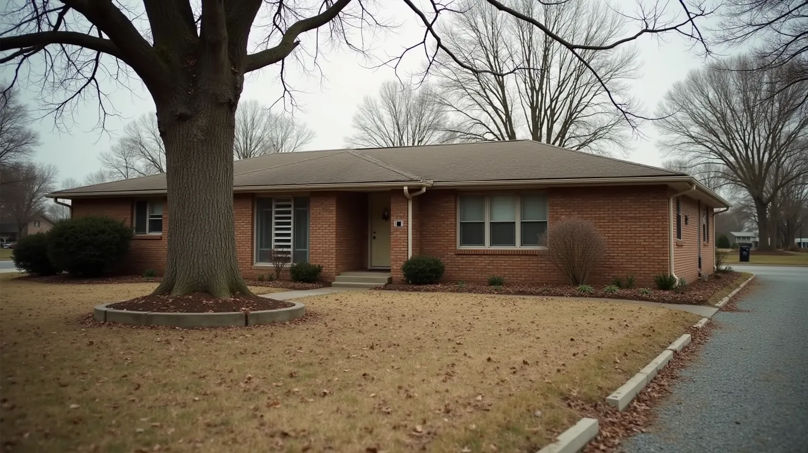 Mid-century brick ranch house with overgrown lawn and closed blinds, sitting unoccupied in a Tennessee suburb