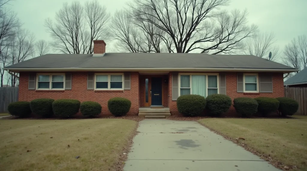 Brick ranch-style house in a quiet Tennessee suburb on an overcast afternoon, overgrown lawn and untrimmed boxwood hedges, empty driveway, bare oak trees