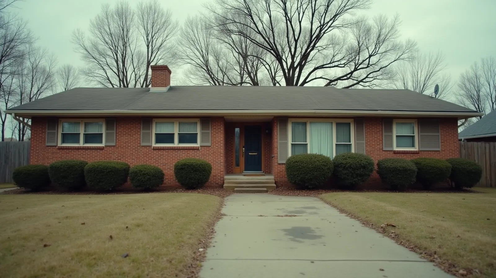 Brick ranch-style house in a quiet Tennessee suburb on an overcast afternoon, overgrown lawn and untrimmed boxwood hedges, empty driveway, bare oak trees