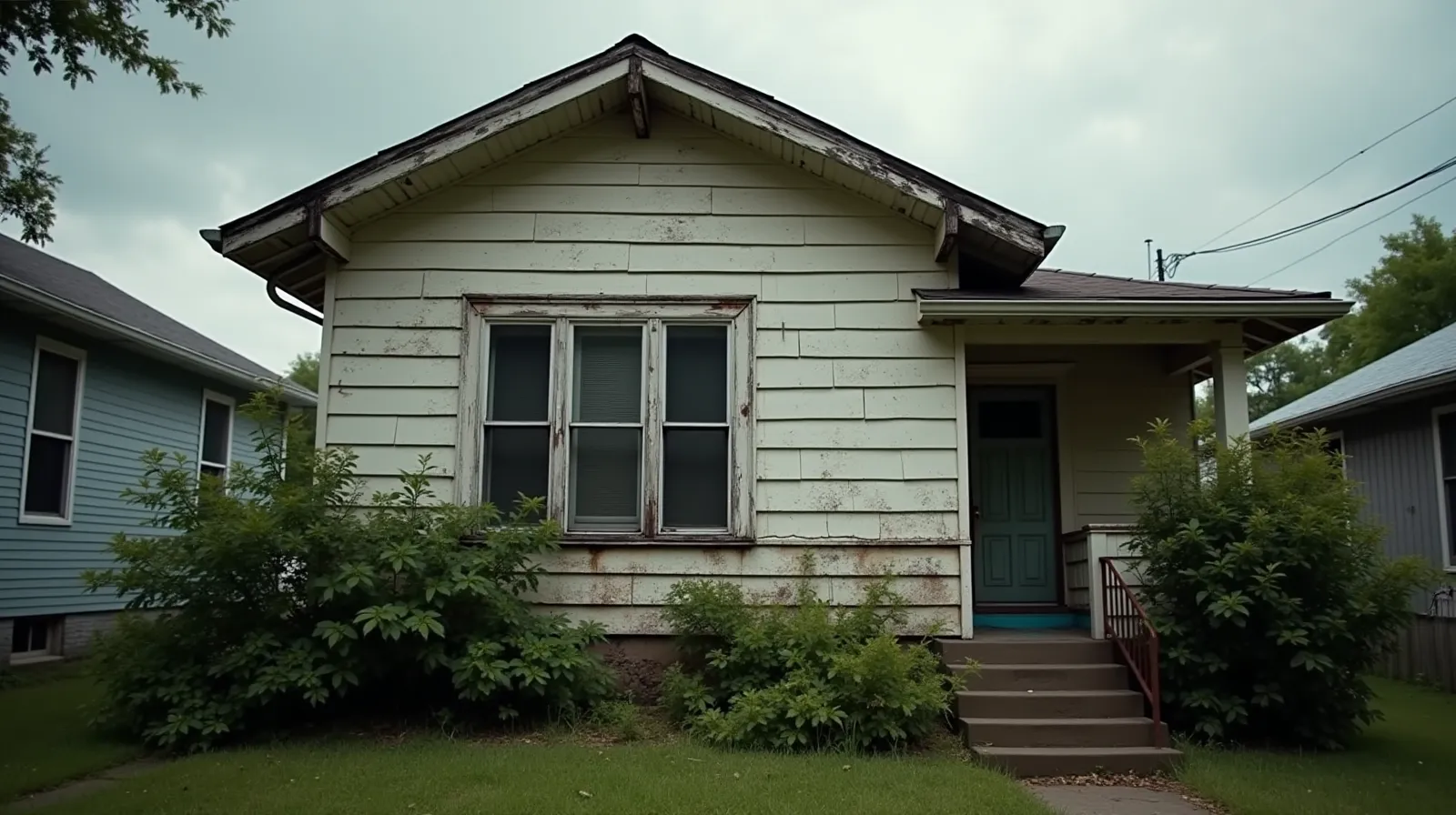 Weathered 1940s wood-frame bungalow in Nashville with water staining near the roofline and overgrown shrubs at the foundation