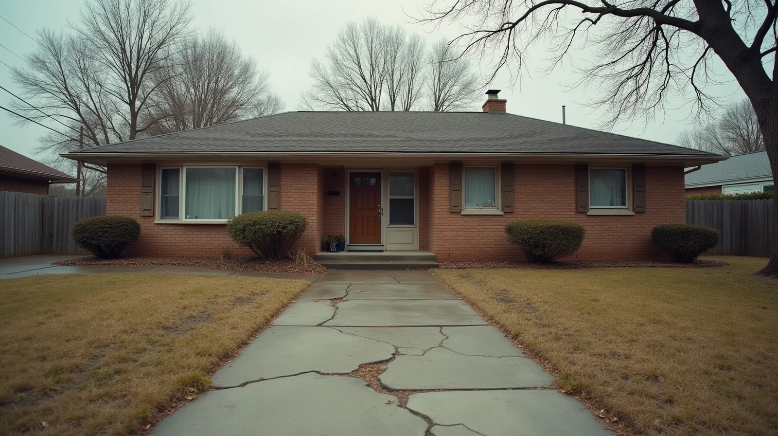 Brick ranch house with overgrown lawn and peeling shutters under an overcast sky
