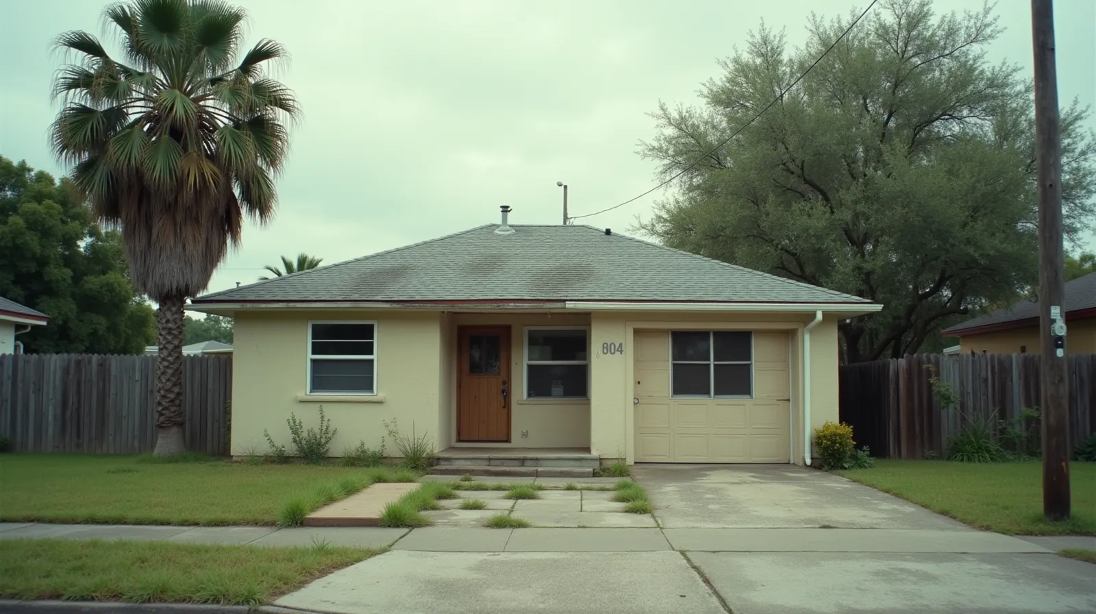 A single-story Florida house with an aging shingle roof and palm trees, the kind of home that gets hard to insure and hard to sell