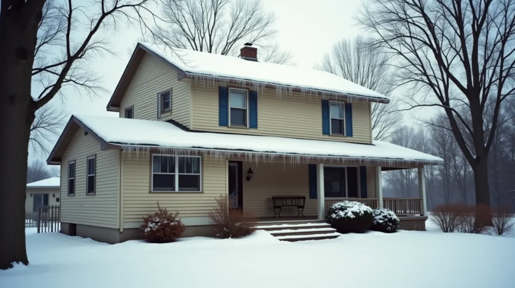 A Minnesota house in winter with snow on the roof and ice dams along the eaves, a common source of costly water damage