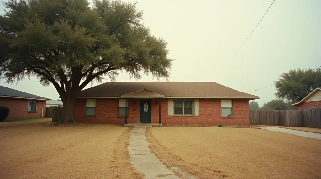 A single-story Texas brick ranch house with a dry lawn and cracked clay soil, the kind of foundation issue that stops a financed sale