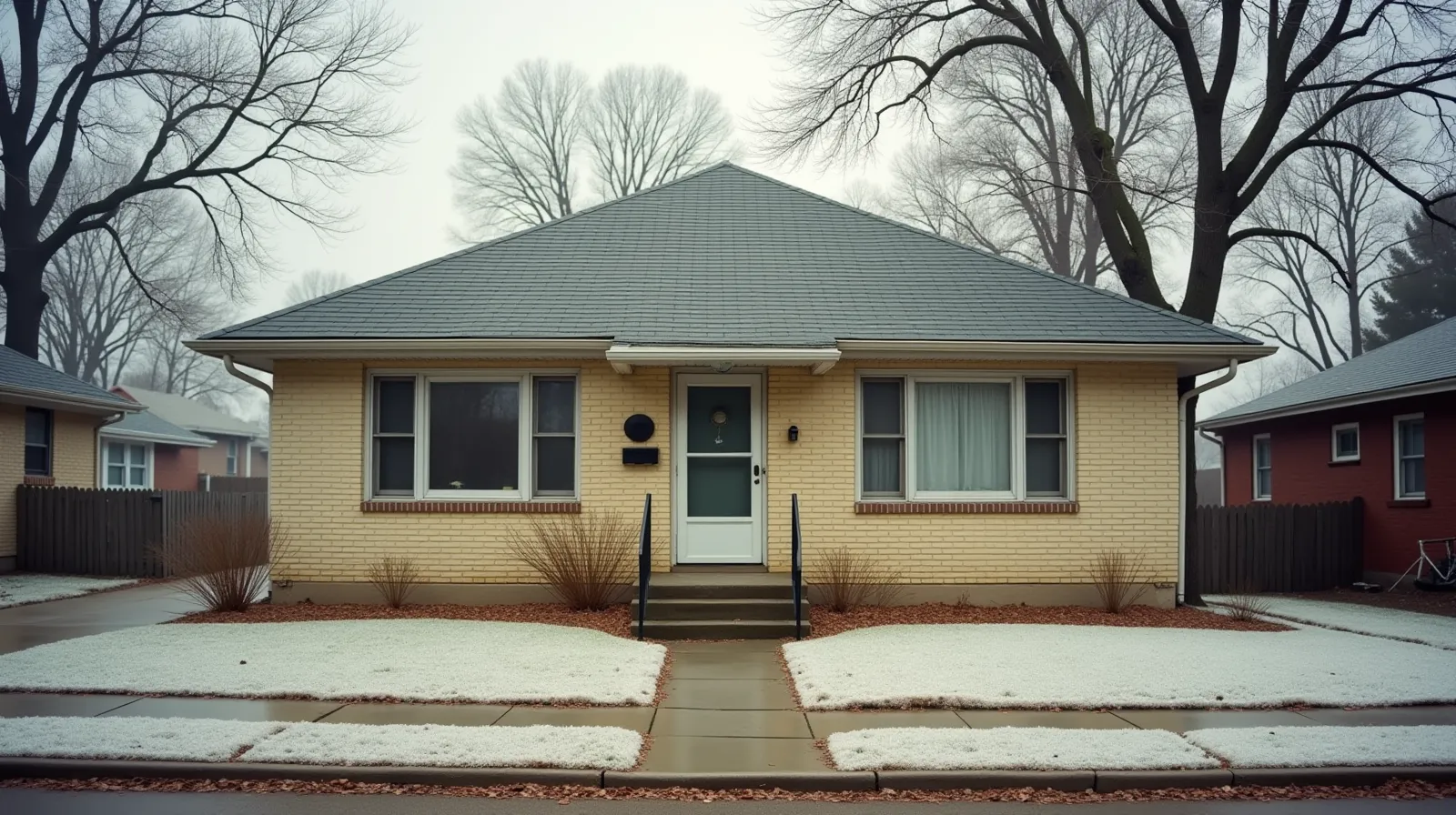 Cream brick bungalow on a quiet Milwaukee street under overcast winter sky
