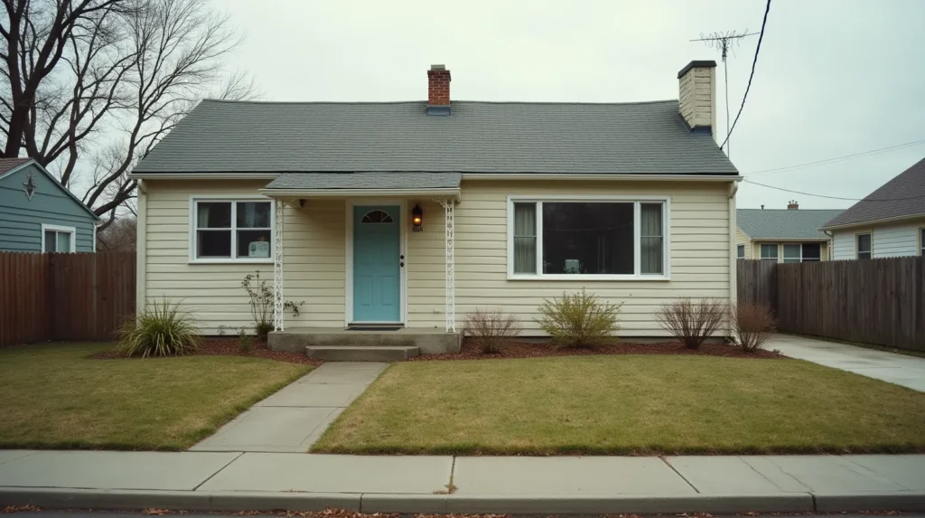 Modest suburban house with weathered siding and overgrown lawn, empty driveway, overcast sky