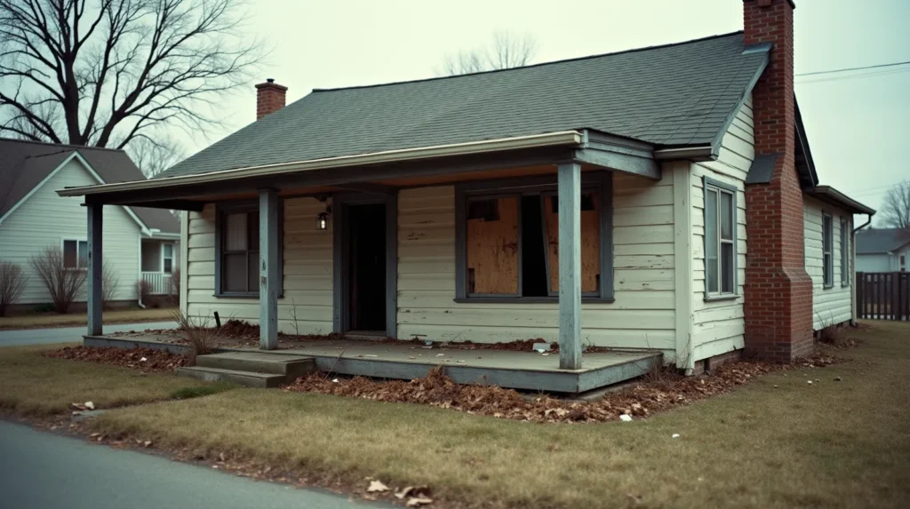 A single-story wood-frame house showing severe structural neglect with weathered plywood-boarded windows, sagging porch, and peeling paint