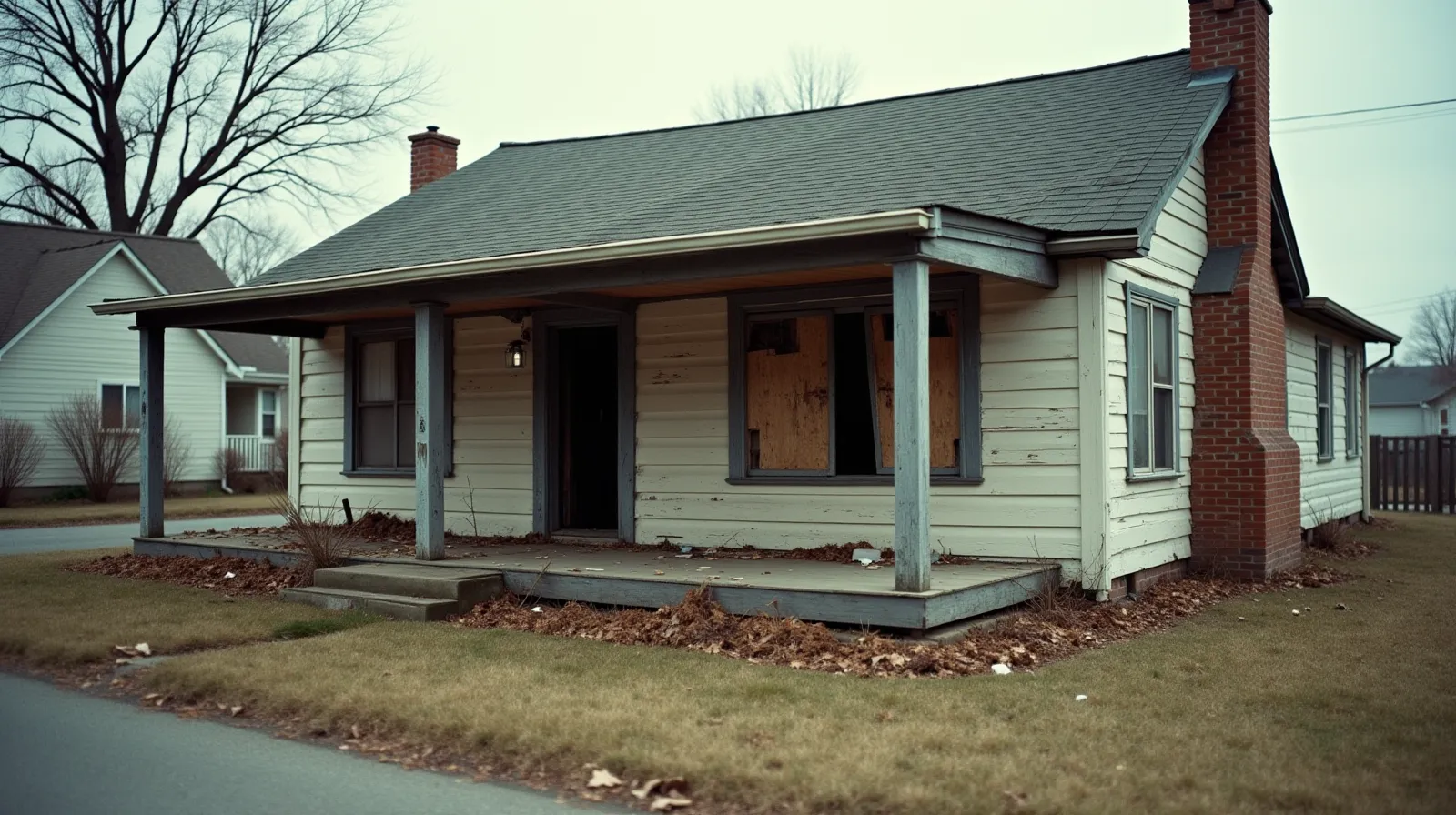 A single-story wood-frame house showing severe structural neglect with weathered plywood-boarded windows, sagging porch, and peeling paint