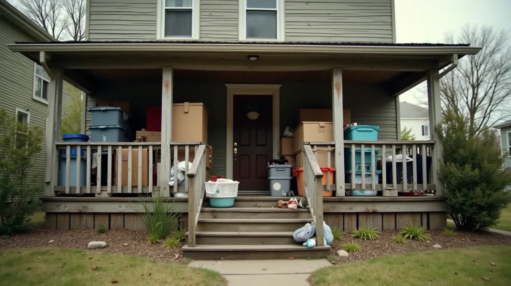 Exterior of an older single-story house with boxes and household items accumulated on the porch and front yard