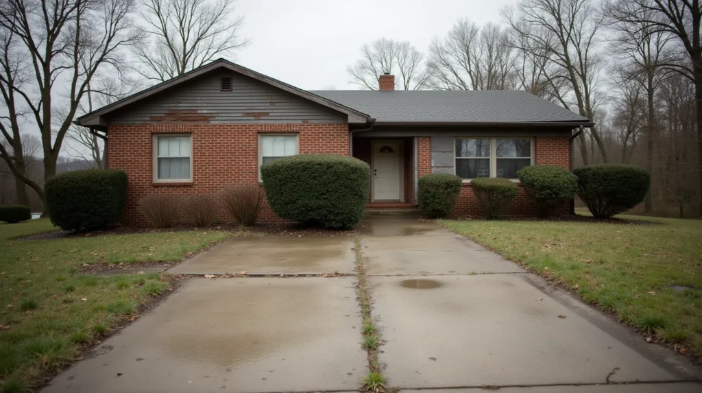 Older brick ranch house in Tennessee with overgrown shrubs and weathered driveway, showing deferred maintenance