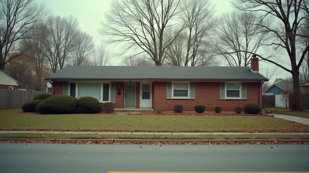 Modest brick ranch house on a quiet residential street with overgrown lawn and drawn blinds, overcast afternoon light