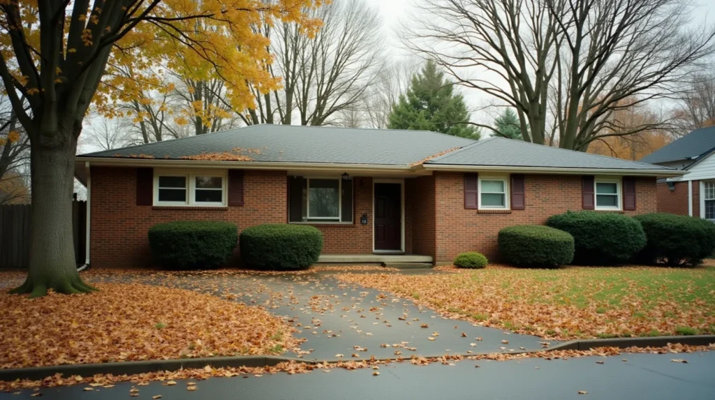 Modest brick ranch house on a quiet Nashville Tennessee residential street in early autumn, fallen leaves on the concrete driveway, overcast sky