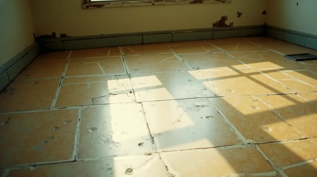 Worn vinyl floor tiles from a pre-1980 home interior, showing age and fading consistent with mid-century construction materials