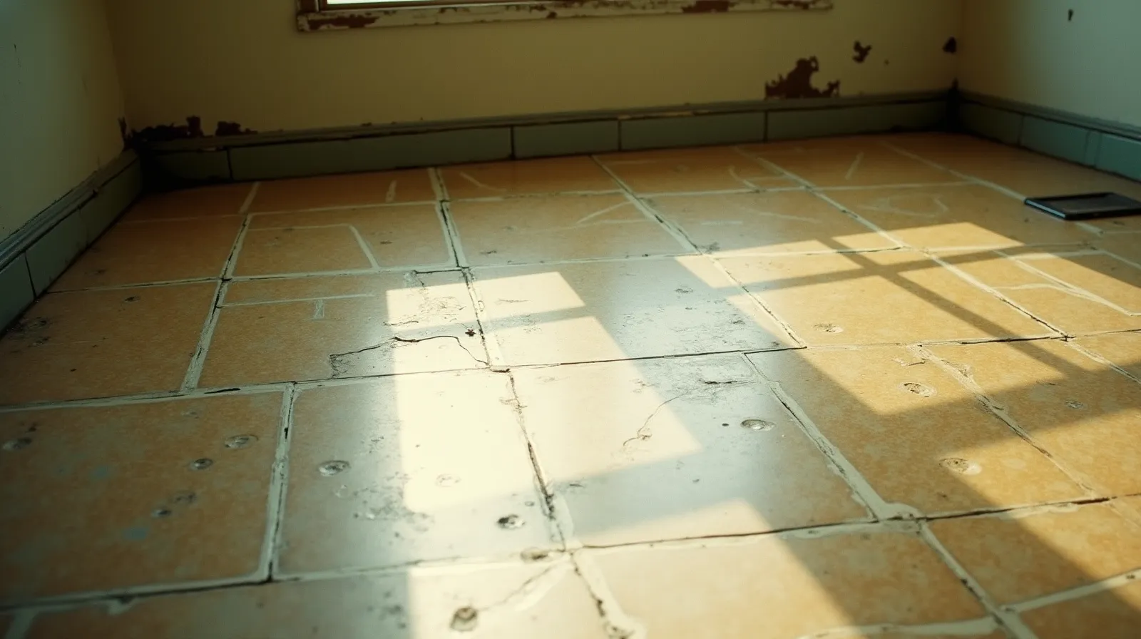 Worn vinyl floor tiles from a pre-1980 home interior, showing age and fading consistent with mid-century construction materials