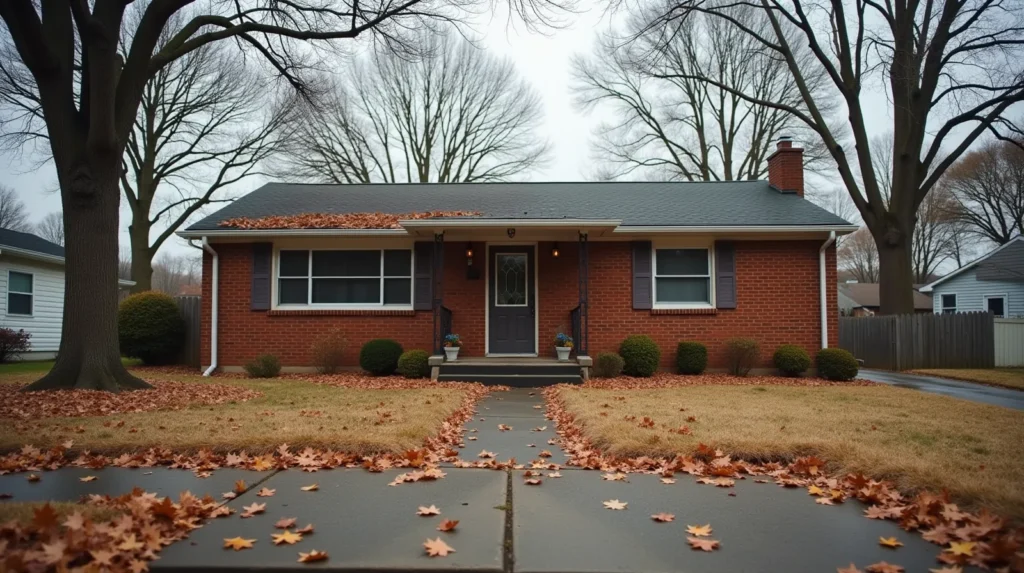 Modest red-brick ranch house with overgrown autumn lawn and fallen leaves on the driveway