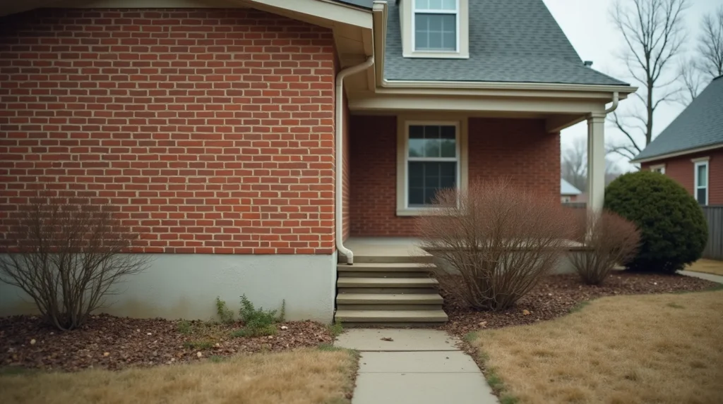 Brick ranch house exterior with stair-step cracks along mortar joints near the foundation line