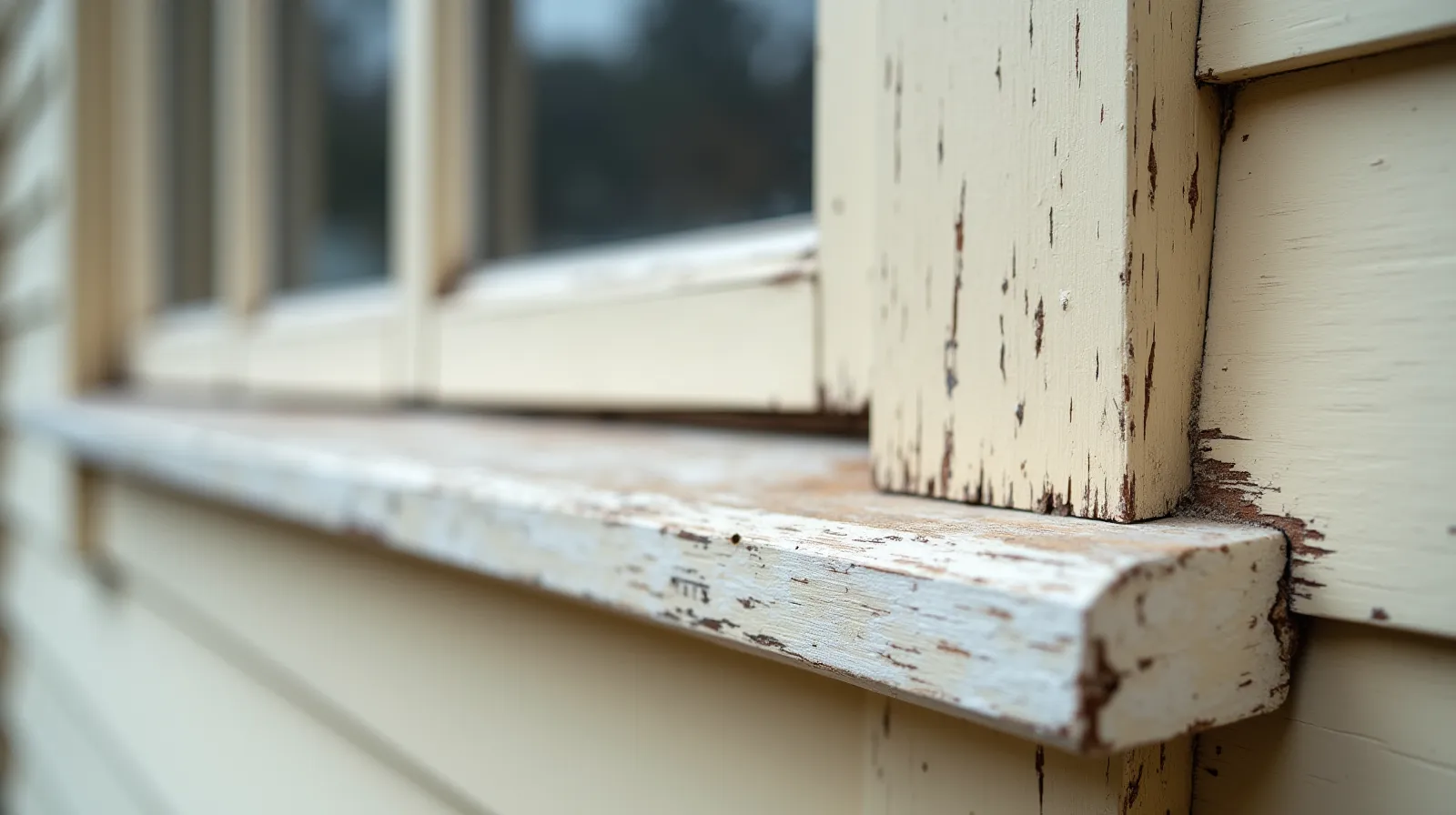 Weathered paint layers on wooden window trim of a pre-1950s craftsman bungalow showing aged chalking surface