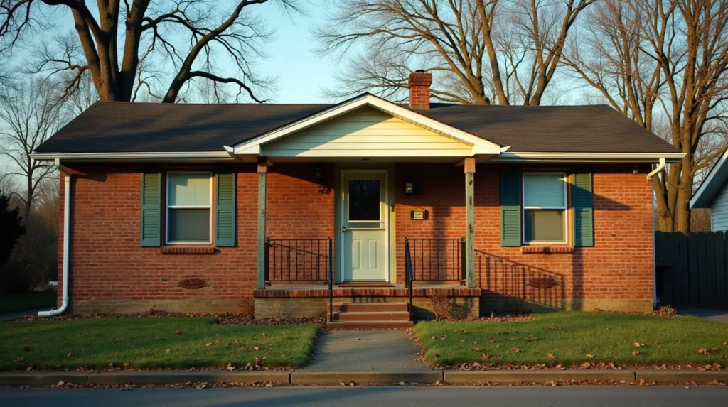 Modest brick ranch house on a quiet Middle Tennessee street with an overgrown lawn and weathered shutters