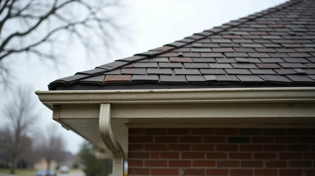 Older ranch house with aged and worn asphalt shingle roof showing granule loss and curling edges