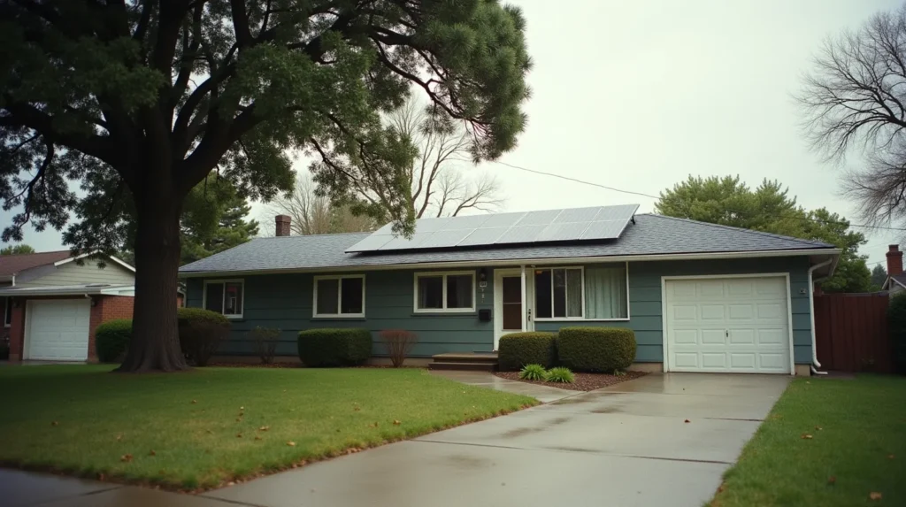 Single-story ranch house with solar panels on a dark shingle roof, concrete driveway, quiet suburban street, diffuse daylight