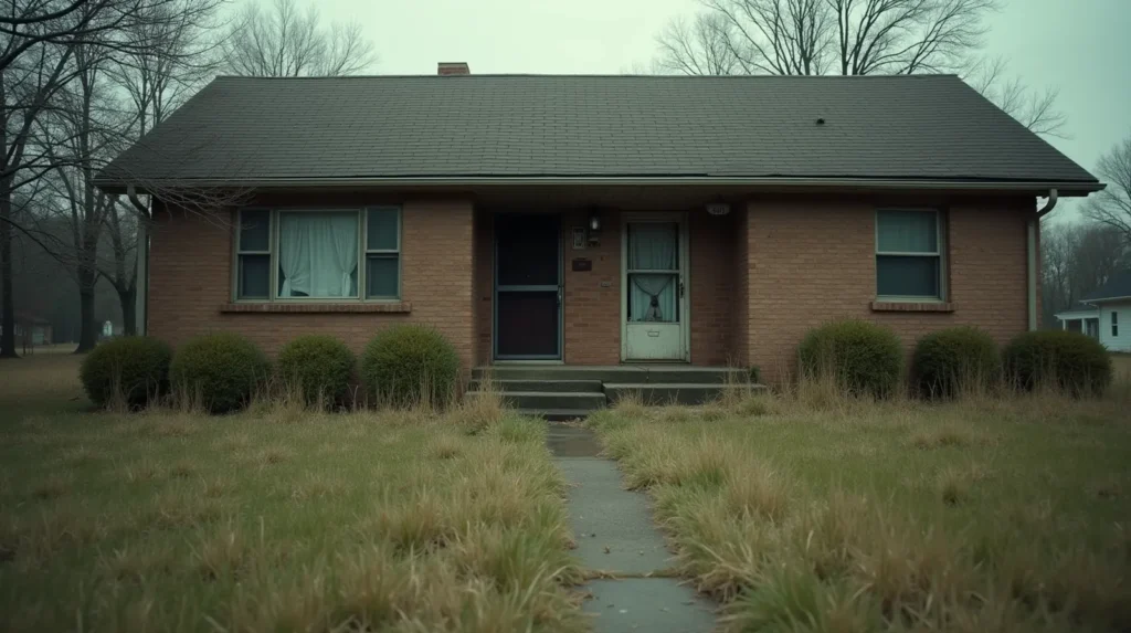 Vacant brick ranch house in a Tennessee suburban neighborhood with overgrown yard and padlocked door
