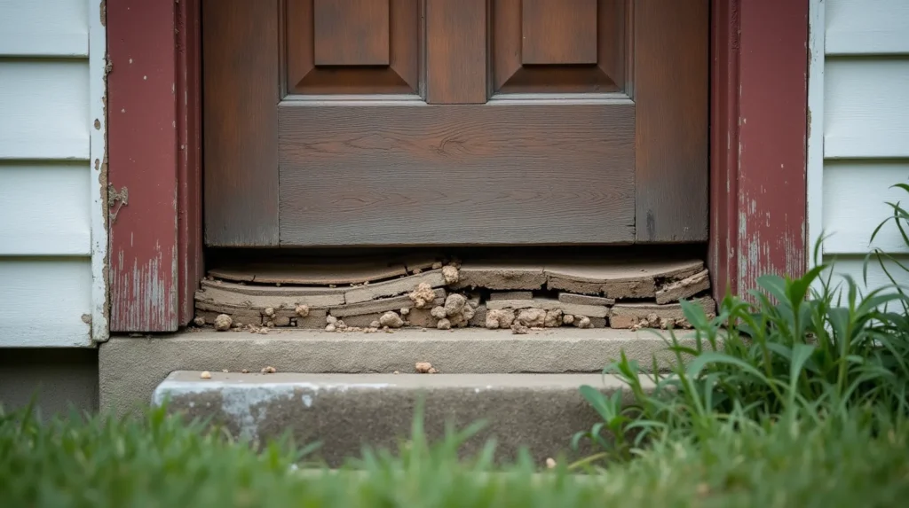 Weathered wooden door frame on an older house showing channel damage and mud tubes along the base — signs of subterranean termite infestation
