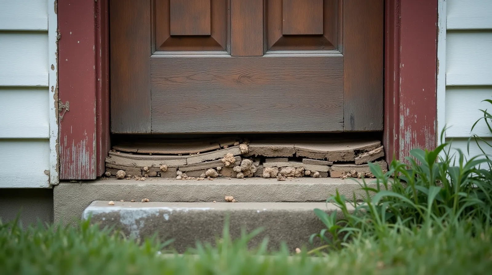 Weathered wooden door frame on an older house showing channel damage and mud tubes along the base — signs of subterranean termite infestation
