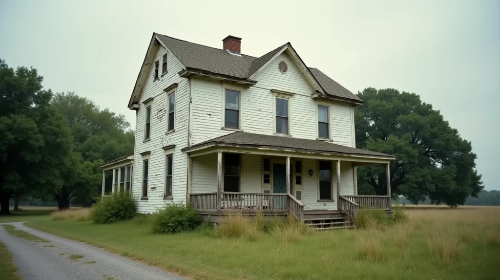 Weathered two-story clapboard farmhouse with peeling white siding and overgrown lawn, representing a property with heir ownership and title history