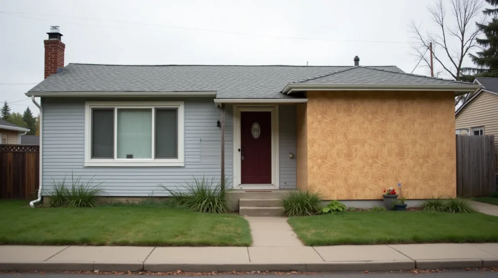 Ranch house with unfinished room addition — raw OSB sheathing visible beside original clapboard siding