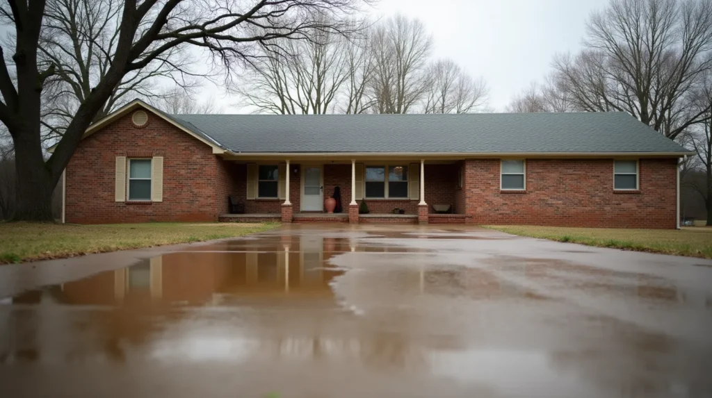 Brick ranch house exterior in middle Tennessee with waterline stain along the lower foundation after floodwater receded