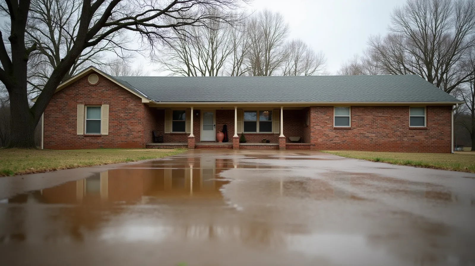 Brick ranch house exterior in middle Tennessee with waterline stain along the lower foundation after floodwater receded