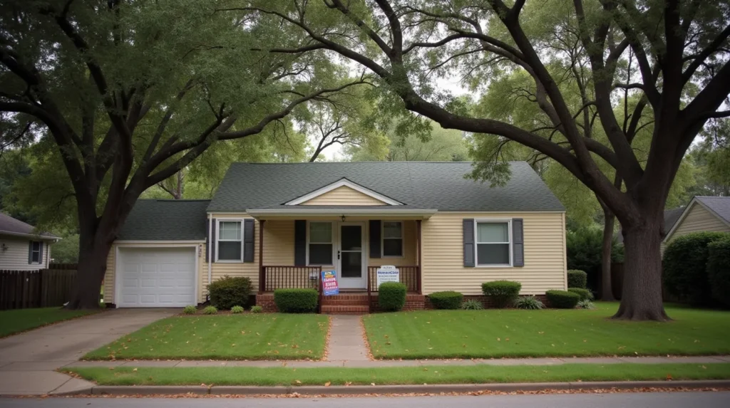 Modest single-story house with oak trees and autumn leaves on the driveway, soft overcast light
