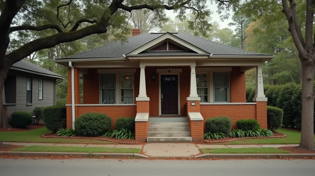 1920s brick Craftsman bungalow on a tree-lined Atlanta street with red clay soil along the foundation and overcast afternoon light through live oak canopy