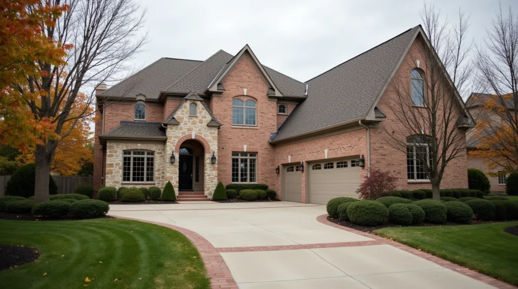 Upscale traditional brick and stone home in Carmel Indiana with ornamental trees and concrete paver driveway