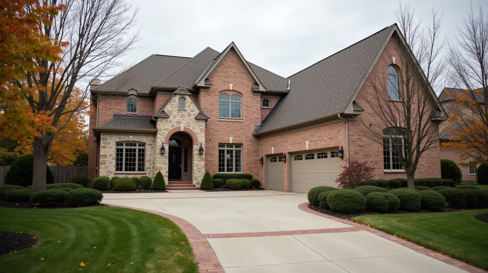Upscale traditional brick and stone home in Carmel Indiana with ornamental trees and concrete paver driveway