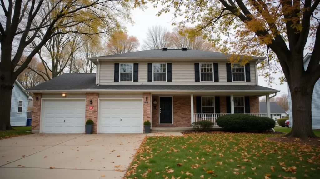 Traditional two-story suburban home in Fishers Indiana with mature oak trees dropping leaves onto the front lawn