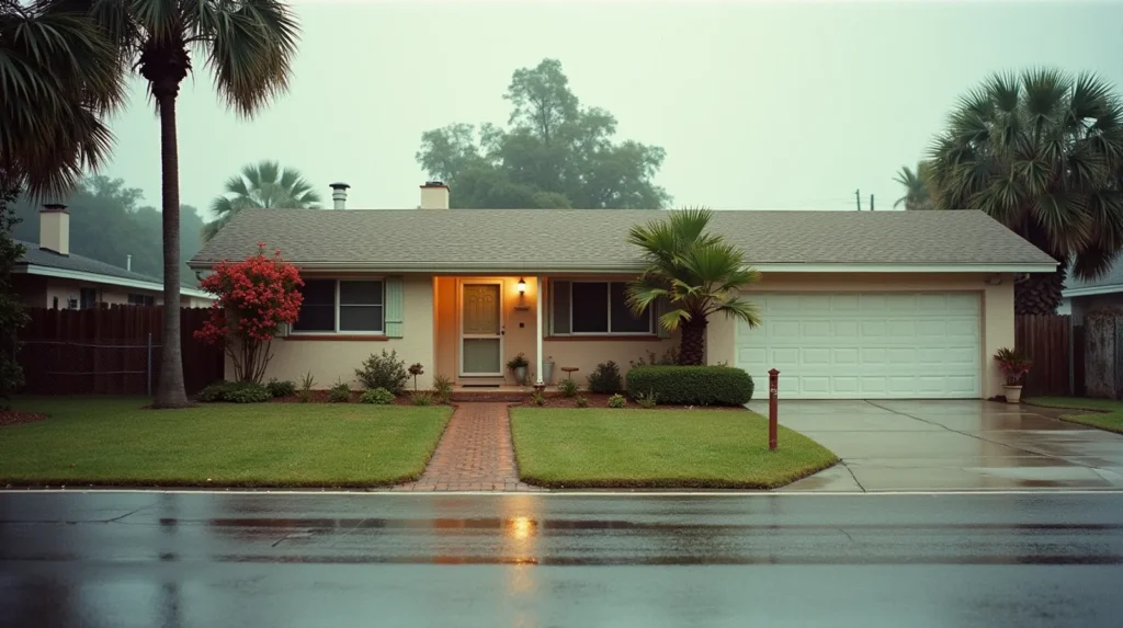 1960s concrete block ranch house in Fort Lauderdale with standing water on the driveway after heavy rain and royal palms along the street