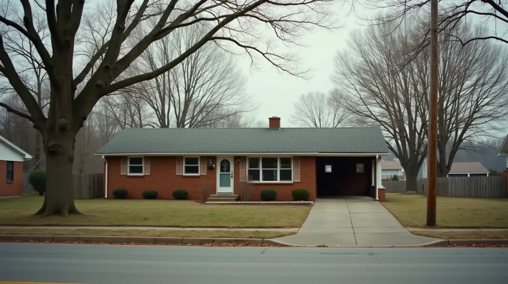 Single-story 1960s brick ranch house with a carport on a quiet Gallatin, Tennessee street on an overcast morning